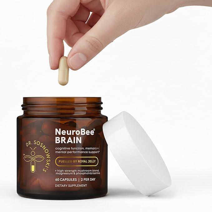 Dr Sosnowski's NeuroBee Brain Supplements with Royal Jelly, Lion's Mane + Reishi Mushroom | Energy, Mental Performance + Cognitive Function Support, 60ct