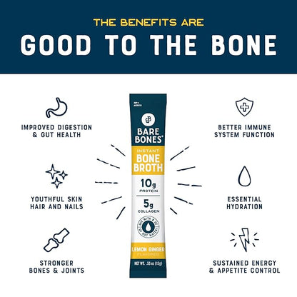 Bare Bones Lemon Ginger Bone Broth Instant Powdered Mix Packets | 5g Collagen | 10g Protein | Keto & Paleo Friendly | No Artificial Flavors | Rich Savory on-the-go 16 Pack