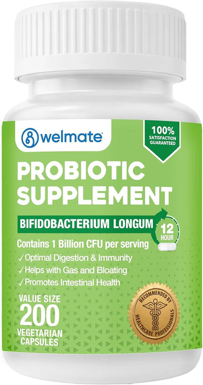 WELMATE Bifidobacterium - Probiotic Supplement - Supports Gut Health - Immune Support - Digestive Enzymes - Gluten Free - Vegan - Men & Womens Probiotic - Value Size - 200 Count