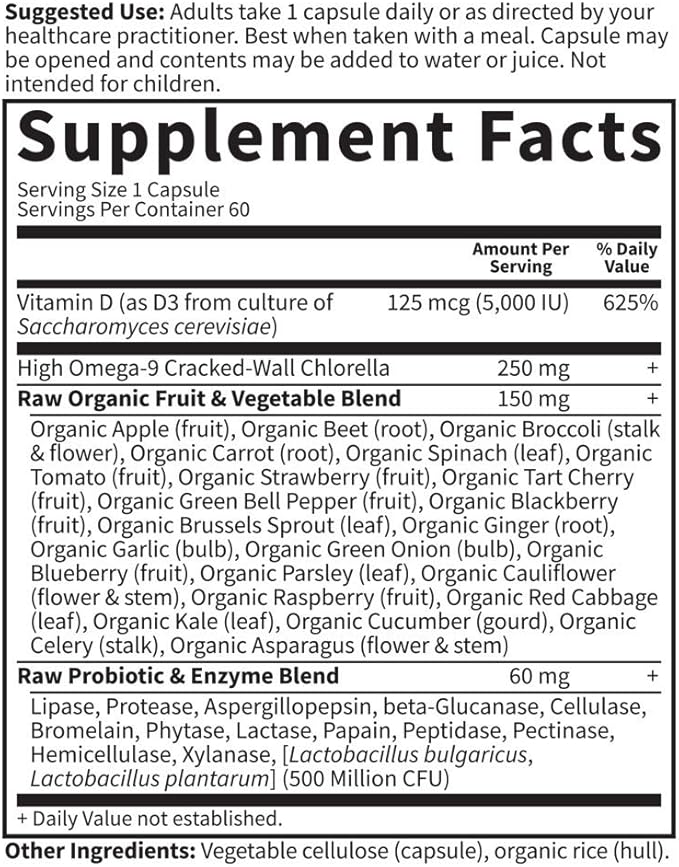 Garden of Life Vitamin D3 5000 IU, Raw Whole Food Supplements with Chlorella, Fruit, Veggies & Probiotics for Bone & Immune Health, 60 Vegetarian Capsules