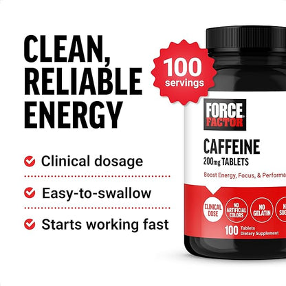 Force Factor Caffeine Pills 200mg, Boost Energy, Focus, Strength, and Performance, Premium Quality Tablets, Energy Support Supplement, 100 Tablets