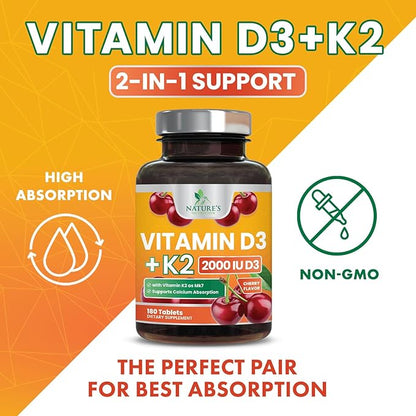 Vitamin D 2000 IU 50mcg Per Tablet - Vitamins D3 & K2 (MK7) Complex Supplement for Bone, Teeth, Muscle, Calcium Absorption, Supports Immune & Heart Health, Chewable Formula USA Bottled - 180 Tablets