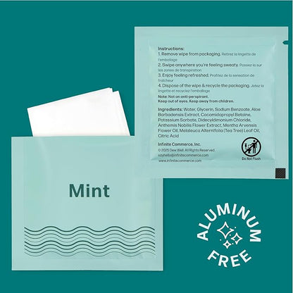 Dew Well Deodorant Wipes - Individually Wrapped Armpit Wipes & Purse Essentials - Sweat-Blocking Mini Deodorant - Compact Tissue Packs & Travel Accessories - 50 Count, Mint