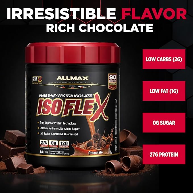 ALLMAX ISOFLEX Pure Whey Isolate Protein Powder - Gluten Free, Low Lactose, Sugar-Free - High-Protein, Clean, Keto-Friendly for Pre Post Workout Supplement for Women and Men | Chocolate, 1lb