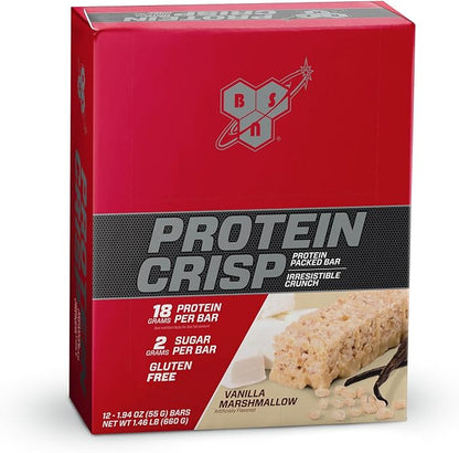 BSN Protein Crisp Bar, Vanilla Marshmallow, 18 Gram Protein Snack Bars with Whey and Fiber, Gluten-Free Crunchy Energy Bars for Workout, Fitness, On-the-Go, 12 Count