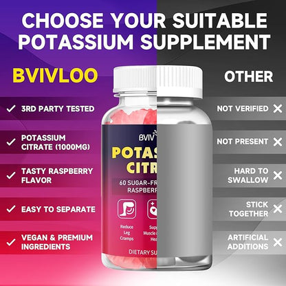 Potassium Citrate Gummies for Adults, Sugar-Free Potassium 1000mg Support Leg Cramps & Electrolyte Balance High Potency 60 Count
