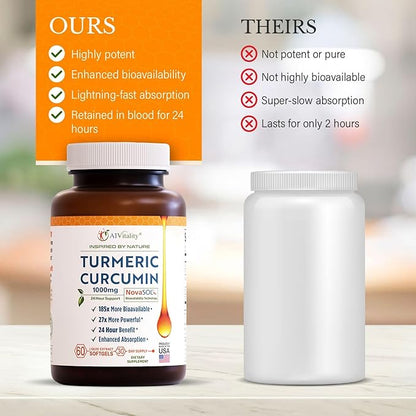 A1Vitality NovaSOL Turmeric Curcumin 1000mg – Clinically Proven 185x Higher Absorption – Promotes Joint Comfort, Mobility & Overall Wellness – Non-GMO, Doctor Formulated, 60 Softgels.