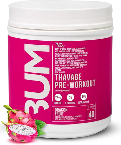 RAW Pre Workout Powder, Thavage (Dragon Fruit) - Chris Bumstead Sports Nutrition Supplement for Men & Women - Cbum Pre Workout for Working Out, Hydration, Mental Focus & Energy - 40 Servings