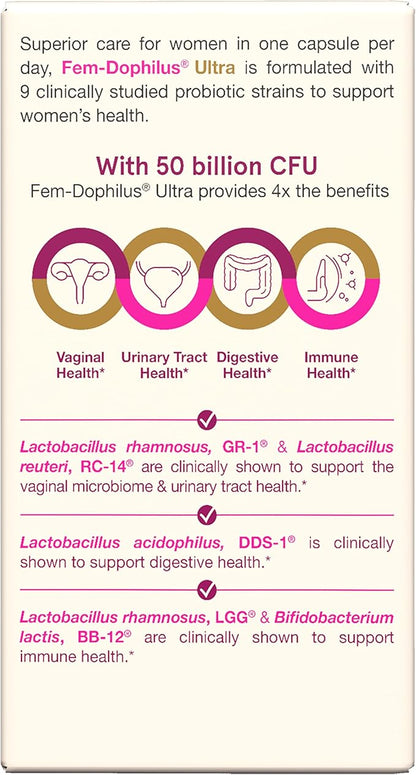 Jarrow Formulas Fem-Dophilus Vaginal & Digestive Probiotic 50 Billion CFU, 9 Clinically-Studied Strains, for Vaginal Flora & Yeast Balance, Urinary Tract, Digestive, & Immune Support, 30 Capsules