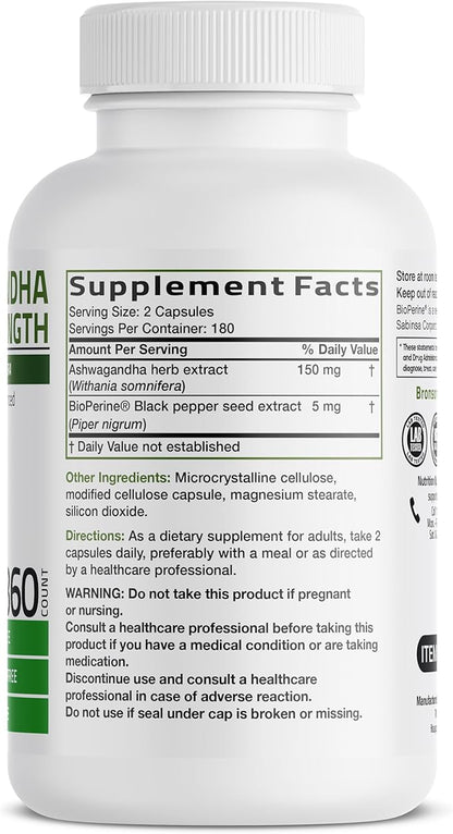 Bronson Ashwagandha Extra Strength Stress & Mood Support with BioPerine - Non GMO Formula, 360 Vegetarian Capsules