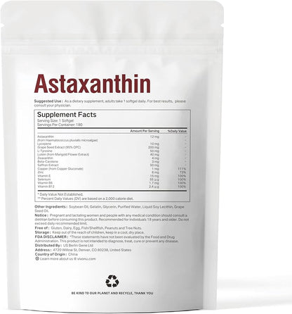 14-in-1 Astaxanthin 12mg & Lutein 40mg with Zeaxanthin Supplements, 6 Month Supply, Fresh Microalgae Source, Supports Eye, Skin, Antioxidant, Joint, Circulatory Health Non-GMO Gluten Free 180 Softgels