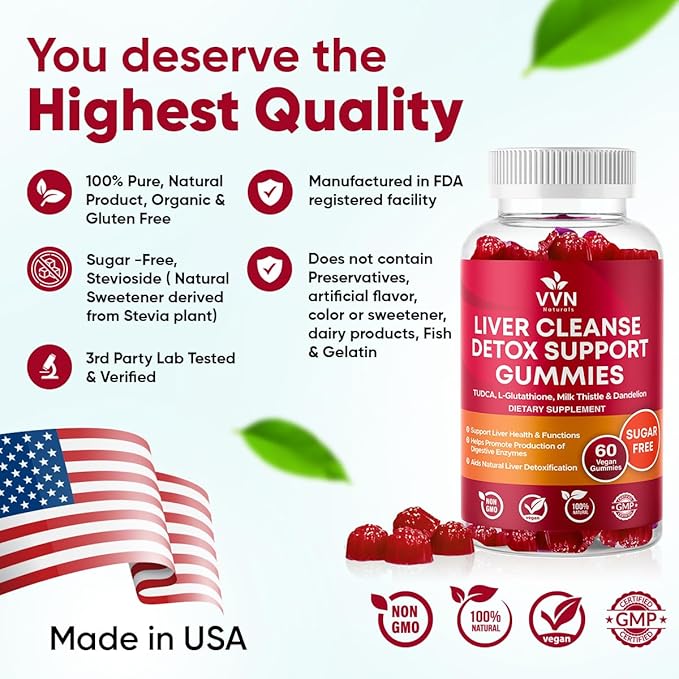 VVNaturals Sugar-Free 26-in-1 Liver Cleanse Detox & Repair Fatty Liver Formula Gummies; 3000mg Blend of Glutathione, Silymarin Milk Thistle, Choline, TUDCA | Liver Detox Gummies - 60 Vegan Ct