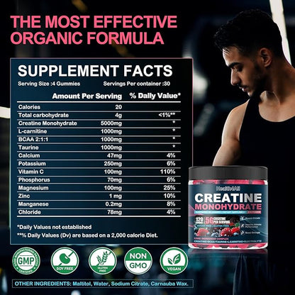 Health4All Creatine Monohydrate Gummies 5g for Men & Women, Creatine Gummy for Strength Energy & Muscle Growth Support Pre-Workout Supplement - Raspberry & Blueberry 120 Gummy