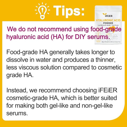 iFEiER Hyaluronic Acid Powder | Low Molecular Weight Food Grade Hyaluronic Acid | 50g(1.76oz) Sodium Hyaluronate Powder | HMW LMW HA | Skin Hydration and Joint Lubrication Supplements