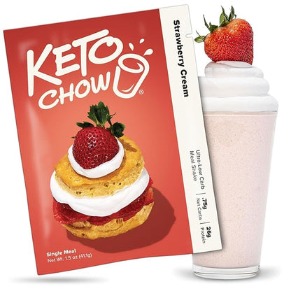 Keto Chow Strawberry Cream - Keto Meal Replacement Shake Powder - Nutritionally Complete - Low Carb - Delicious Easy Meal Substitute - Protein Rich You Choose The Fat - Single Meal Sample