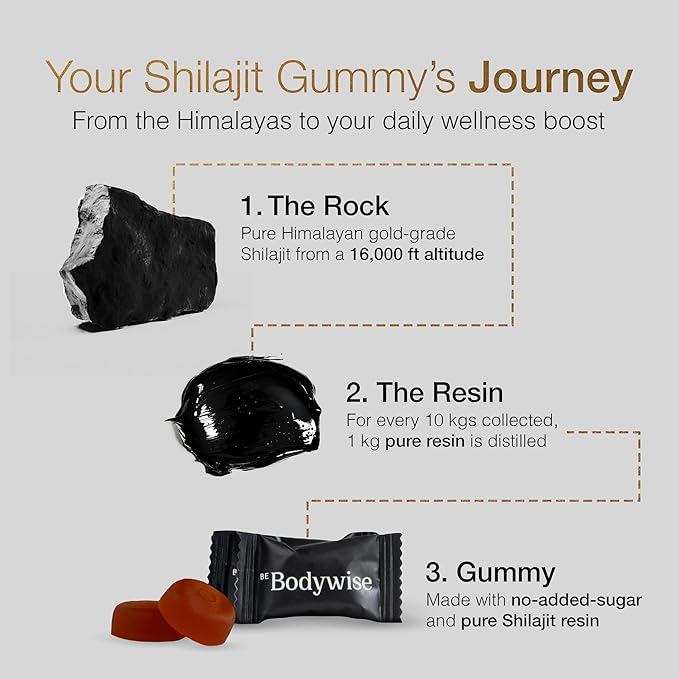 Be Bodywise Pure Himalayan Shilajit Gummies Gold I No Added Sugar I Ashwagandha, Gokshura| Fulvic Acid & 85+ Trace Minerals I for Men, Women I Non-GMO I 100% Natural & Organic I 120 Gummy I Pouch