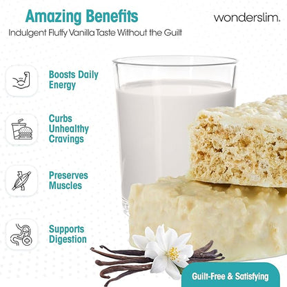 Wonderslim High Fiber Protein Bars, Fluffy Vanilla Crisp | 15g Protein, 6g Fiber | Low Sugar, Low Carb | Healthy Indulgence | Satisfying, Supports Energy & On-the-Go Convenience, 7 Pack