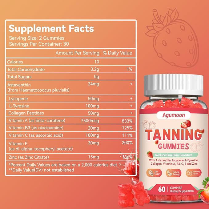 Tanning Gummies for Women and Men, Self Tan Supplement with Beta Carotene, Lycopene, Astaxanthin, Collagen & Vitamins, for Skin Health & Pigmentation, Vegan - 120 Gummies