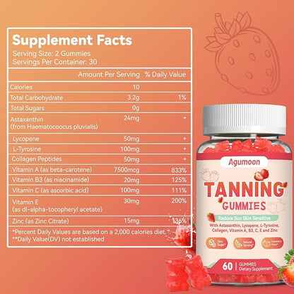 Tanning Gummies for Women and Men, Self Tan Supplement with Beta Carotene, Lycopene, Astaxanthin, Collagen & Vitamins, for Skin Health & Pigmentation, Vegan - 120 Gummies
