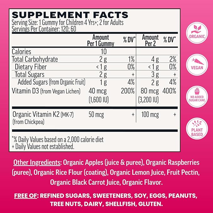 Llama Naturals Vitamin D3 K2 Gummies for Adults and Kids, Vegan, Organic, Vitamin D Gummies, Real Fruit Gummy Vitamins, No Added Sugar Cane, Raspberry, 120 Ct