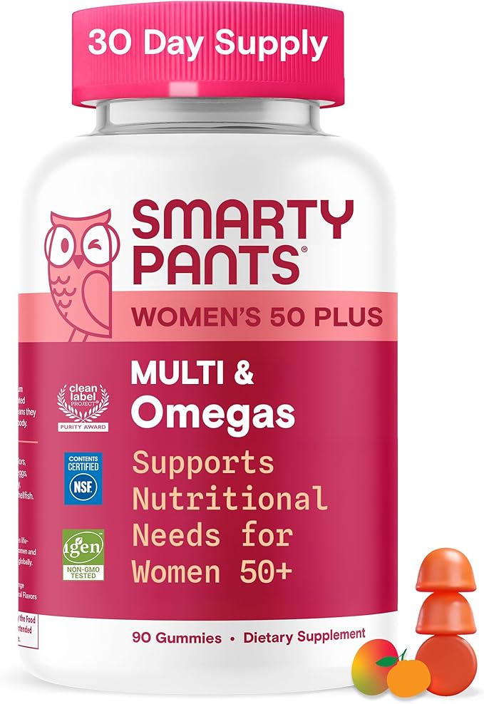 SmartyPants Multivitamin Gummy for Women 50 and Over, Omega 3 (DHA/EPA), Methylfolate, CoQ10, Vitamin D3, C, Vitamin B12, B6, A, K, Biotin, Gluten Free, 90 Count (30 Day Supply)