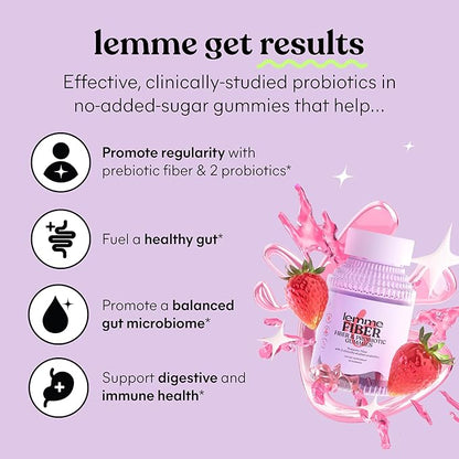 Lemme Fiber & Probiotic Gummies for Adults, Promotes Regularity & Digestive Health, No Sugar Added Strawberry Flavor, 4g Prebiotic Fiber & Clinically Studied Probiotic Strains, (60 Count)