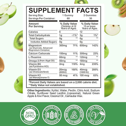 Liposomal Kids Magnesium Gummies- Magnesium Glycinate Gummies for Kids Supplement-w/Omega-3, Vitamin B6, D3- Support Calm Stress Relief, Bones, Mood, Green Apple & Kiwi Flavor, 60 Count
