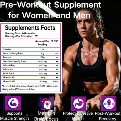 Creatine Monohydrate Gummies 5000mg –Muscle Strength,Energy,Focus, Recovery Support 128 Gummies Pre & Post Workout Supplement Bottle Delicious Creatine Supplement for Men and Women - Raspberry Flavor