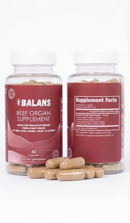 Balans Grass Fed Beef Organs for Women – Liver, Uterus, Ovary, Heart & Kidney Complex – Supports Hormone Balance, Energy, Iron & Skin. (60 Pills, 350mg) – Pasture Raised, Freeze Dried, 60 Day Supply.