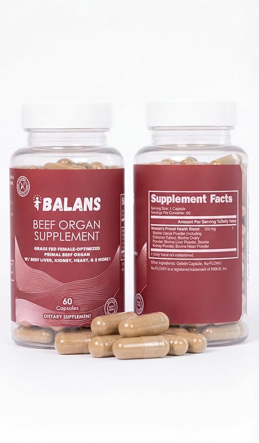 Balans Grass Fed Beef Organs for Women – Liver, Uterus, Ovary, Heart & Kidney Complex – Supports Hormone Balance, Energy, Iron & Skin. (60 Pills, 350mg) – Pasture Raised, Freeze Dried, 60 Day Supply.