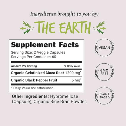 Organic Maca Root Capsules 1200 mg – Libido Booster for Women Fast Acting & Potent | Female Maca Supplement | Energy Pills from Peru | Includes Black Pepper for High Absorption | Vegan, 120 Ct
