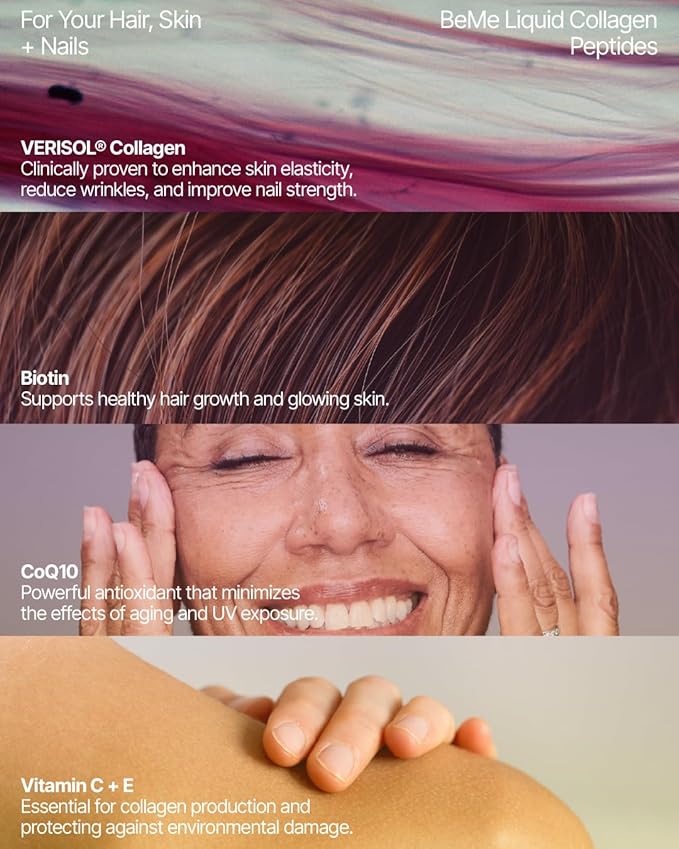 BeMe Liquid Collagen for Women - 2500mg Verisol Collagen Liquid with Biotin, CoQ10 & Vitamin C - Clinically Proven Collagen Peptides for Hair, Skin & Nails - 30 Peach Sachets