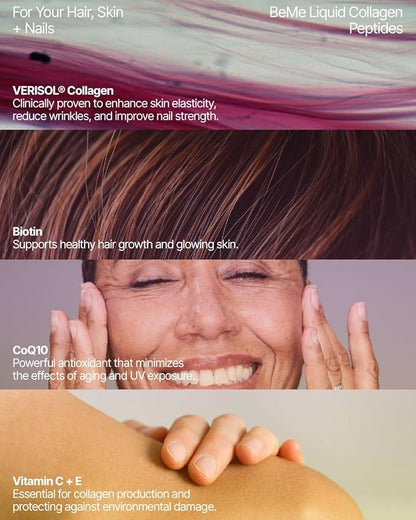 BeMe Liquid Collagen for Women - 2500mg Verisol Collagen Liquid with Biotin, CoQ10 & Vitamin C - Clinically Proven Collagen Peptides for Hair, Skin & Nails - 15 Peach Sachets
