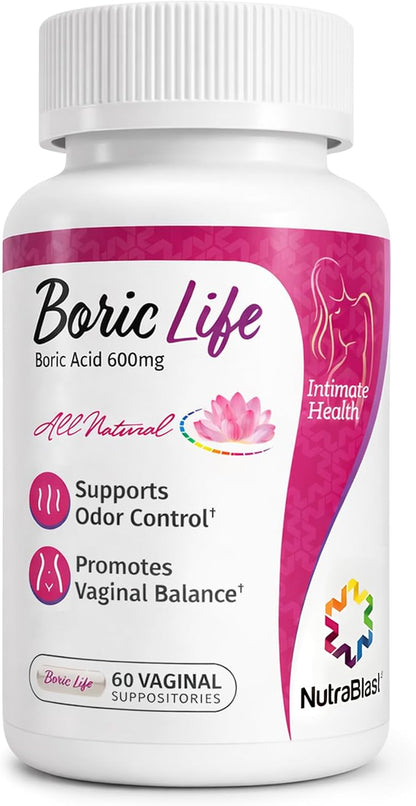 NutraBlast Boric Acid Suppositories - 100% Pure Made in USA - Boric Life Intimate Health Support (60 Count)