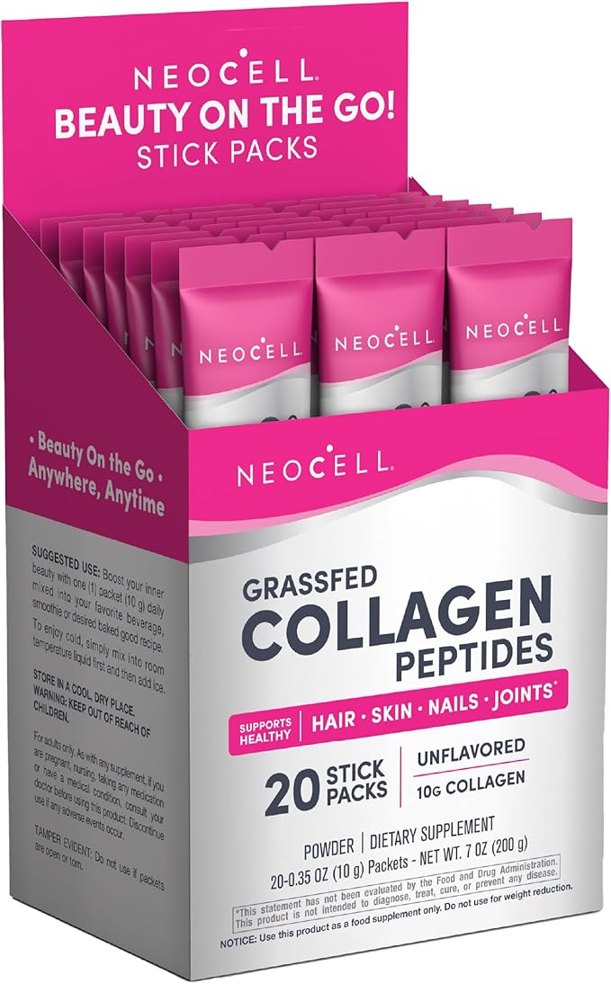 NeoCell Collagen Peptides Powder Packets | 20 Stick Packs | Grass Fed Bovine | Unflavored Supplement | Hair, Skin, & Nails | for Women and Men
