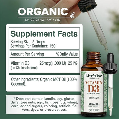 Live Wise Naturals Vitamin D3 1000 IU, 25 MCG Drops - 150 Servings, Ultra Concentrated Formulation, Fast Absorption, Vegan, Organic MCT Oil Formula - Micro-Dosing Dropper for Bone & Immune Support