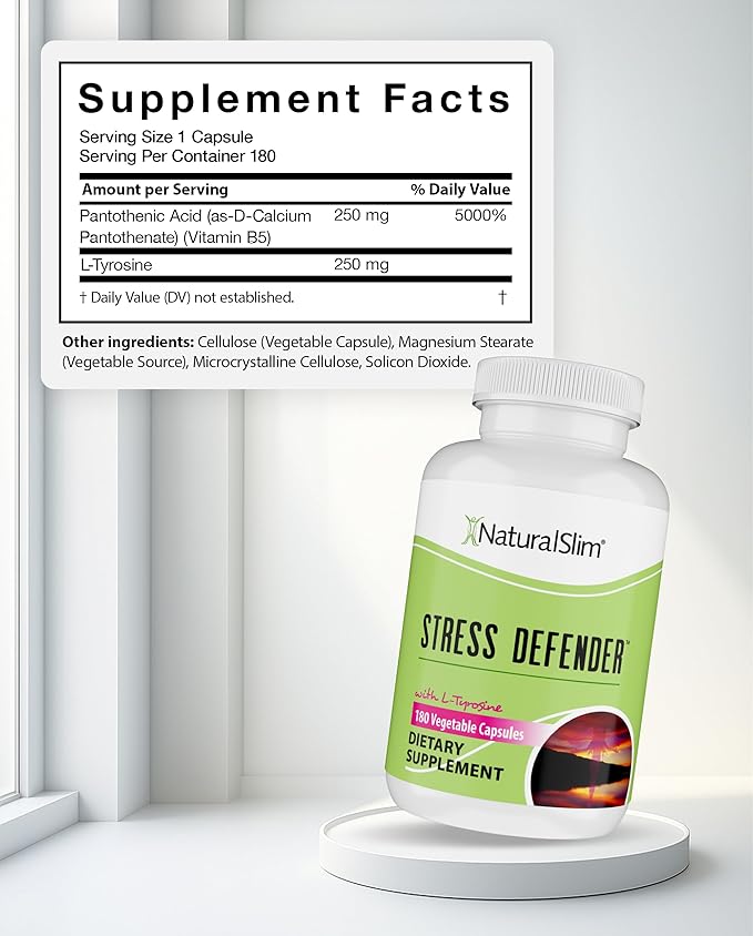 NaturalSlim Stress Relief Supplement - Stress Defender, High Cortisol Reducer, Control Cravings, Sleep & Metabolism Support with Vitamin B5 Pantothenic Acid & L Tyrosine - 180 Vegetable Capsules