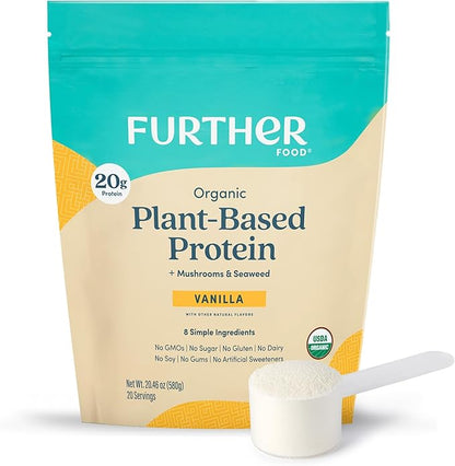 Further Food Organic Vegan Protein Powder Vanilla – 20g Pea Protein with Mushrooms & Seaweed, Non-GMO, Gluten Free, Sugar Free, 20.46 Oz