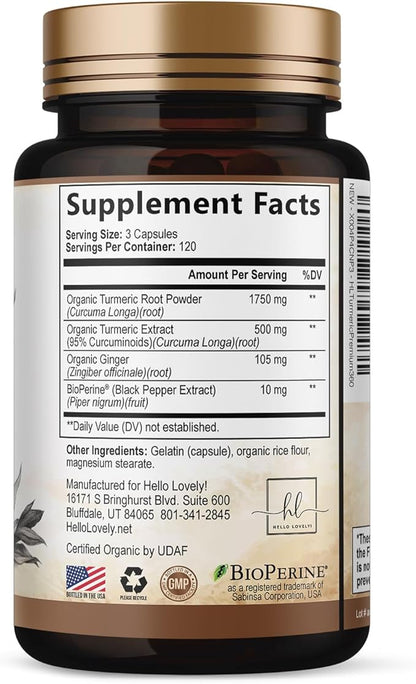 Turmeric Curcumin Supplement with 95% Curcuminoids, Organic Turmeric & Ginger 1750mg, BioPerine Black Pepper for Best Absorption, Nature's Vegan Joint Support, Non-GMO, Bottled in USA - 360 Capsules