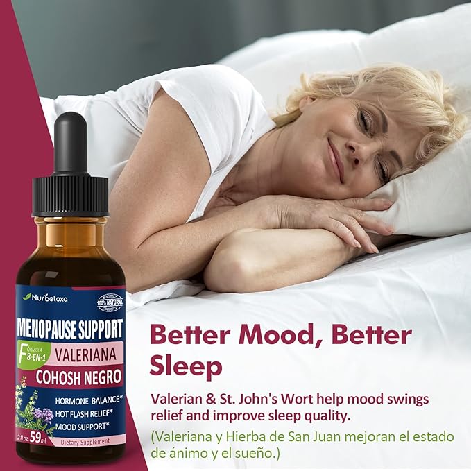 Black Cohosh Liquid Drops for Menopause Hot Flashes, 8-in-1 Herbal Supplements Tincture w/Red Clover, Motherwort Extract for Night Sweats. Cimicifuga & Valeriana para Menopausia. 2oz