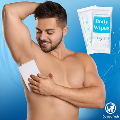 300 Pcs 60 Pack Body Wipes for Adults Bathing No Rinse Individually Wrapped Shower Wipes Washcloth with Aloe Cleansing Body Wash Cloths Disposable Bulk Deodorant Homeless(White Background)