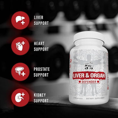5% Nutrition Rich Piana Liver & Organ Defender Cycle Support Plus NAC | Liver Support, Prostate Supplement, Heart, Kidney, Skin Support | Milk Thistle, Saw Palmetto, Hawthorn Berry (30-90 Servings)