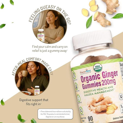 Pharmvista USDA Organic Ginger Gummies 200mg 90 Count for Nausea Management and Digestive Health
