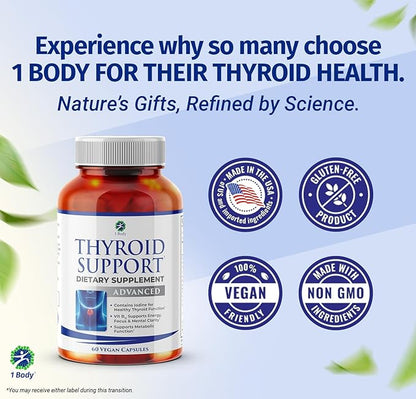 1 Body Thyroid Support Supplement, 90-Day Supply, 2 Pack with B12, Iodine, Zinc, Selenium, Ashwagandha, Non-GMO Vegetarian Formula (60 Count (Pack of 2))