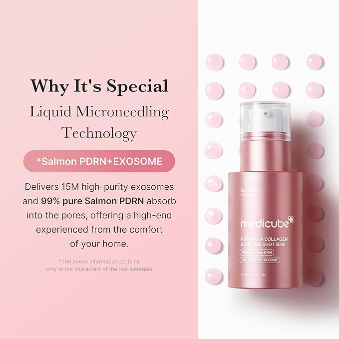 medicube Exosome Shot PDRN Pink Collagen 2,000 PPM Spicule Facial Serum | Liquid Skin Booster | Exosome, Salmon DNA Spicules | Uneven Skin Tone, Pore Care, Skin Texture | Korean Skincare, 1.01 fl.oz