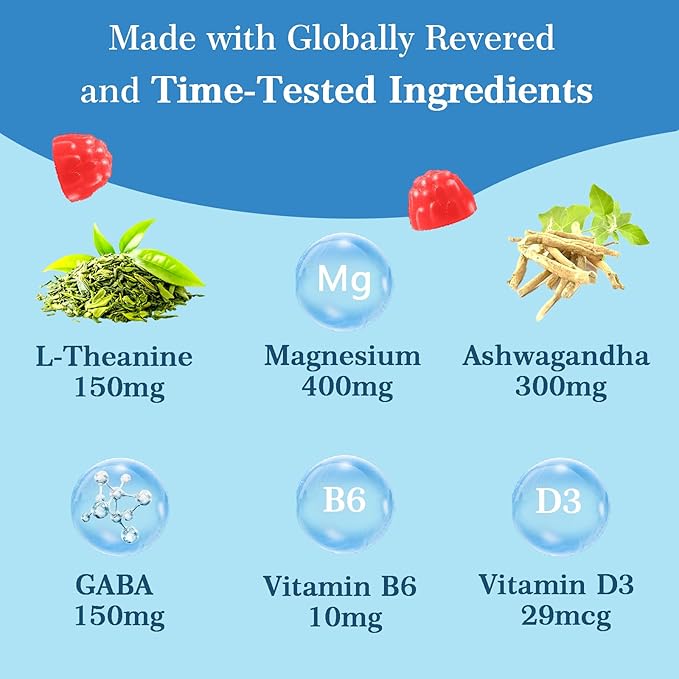 Cortisol Supplements for Women, Calm Magnesium Glycinate Gummies, Ashwagandha, L-Theanine, GABA, D3, B6, Mood Anxiety Sleep Relax, Raspberry Flavour, Vegan 90 Gummies
