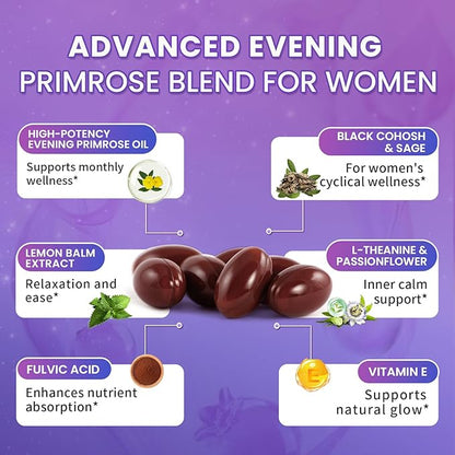 Lukaree Evening Primrose Oil Complex for Women – Hormone Wellness with Cold-Pressed EPO, 10% GLA, Sage, Fulvic Acid, L-Theanine – Supports Cyclical Balance, Mood, Skin & Immune Health, 90 Softgels