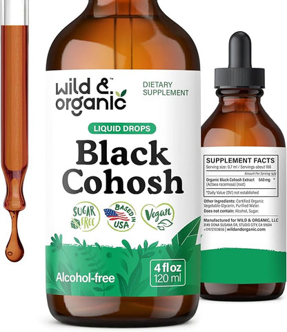 Wild & Organic Black Cohosh Supplements - Menopause Supplements for Women - 540 mg Black Cohosh Root Extract Tincture - Add to Tea Drops - 5-Month Supply - Vegan, Sugar & Alcohol-Free - 4 fl oz