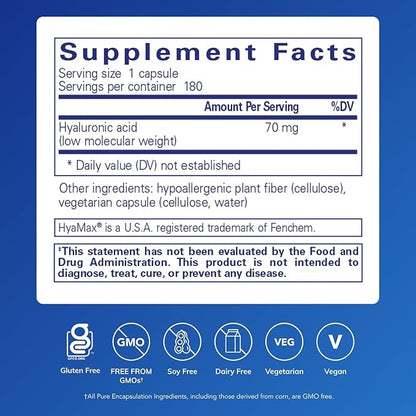 Pure Encapsulations Hyaluronic Acid - for Skin Hydration, Joint Lubrication & Joint Health* - Effective Absorption - Gluten Free - Vegan & Non-GMO - 180 Capsules