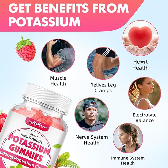 softbear Potassium Citrate 1000mg Gummies – High Absorption Potassium Gummies for Muscle Support & Electrolyte Balance – Potassium Supplement for Women & Adults, Vegan, Raspberry Flavor (120 Count)